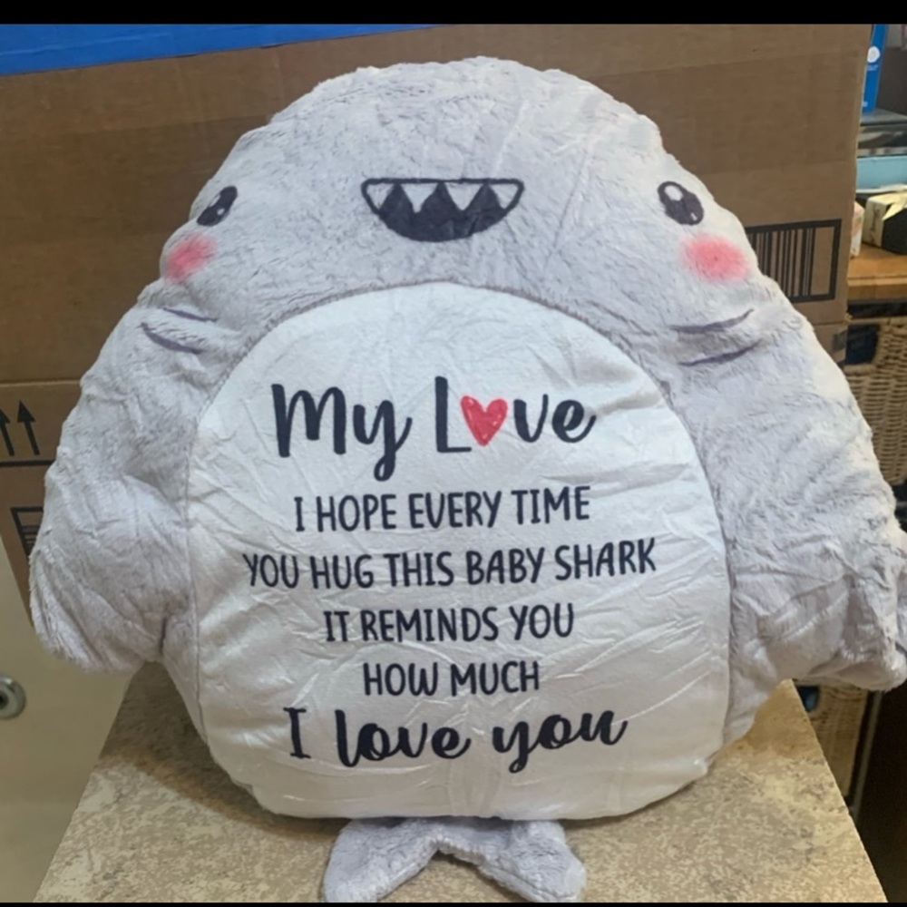 New! Novelty Cute Purple & White Shark Pillow. Gift for any occasion. 15” x 15”.